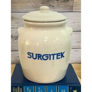 Vtg Surgitek Advertising Ceramic Storage Canister Crock Cookie Jar USA